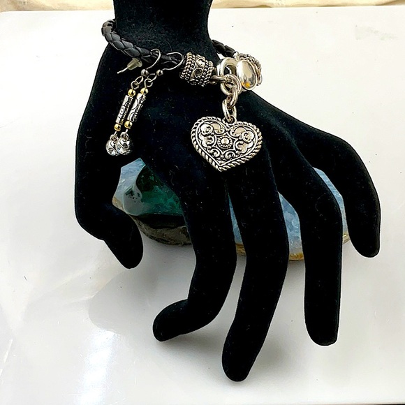 Brighton Jewelry - Brighton Silver and Gold Earrings Set & 7 1\2” Black Leather Bracelet W/Heart